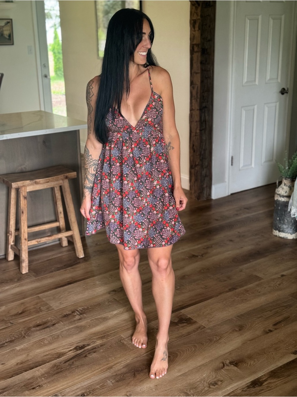 Floral Print Spaghetti Strap Mini Dress - Red Multi